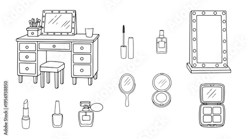 Dressing Table and Beauty Accessories Set, Cosmetic Tools and Vanity Equipment Illustration
