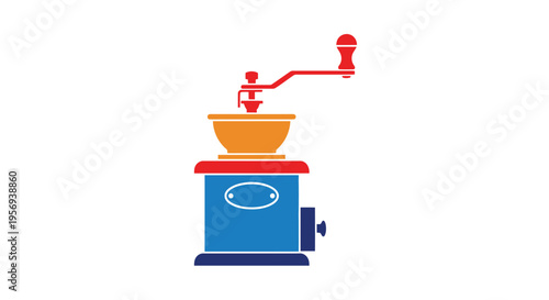 Colorful illustration of a vintage manual coffee grinder on a white background