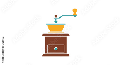 Stylized illustration of a vintage coffee grinder with wooden components