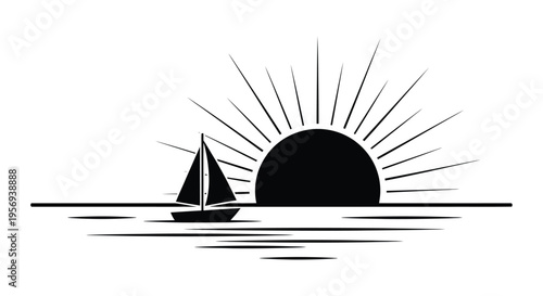 A minimalist silhouette of a sailboat against a radiant sun over water