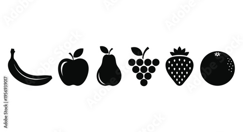 Black silhouettes of various fruits arranged in a horizontal row
