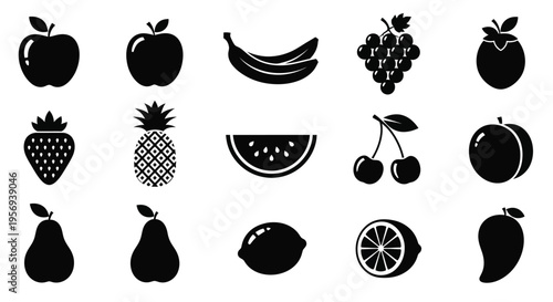Black and white illustration of various fruits arranged in a grid