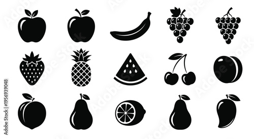 Collection of various black silhouette fruit icons arranged in rows