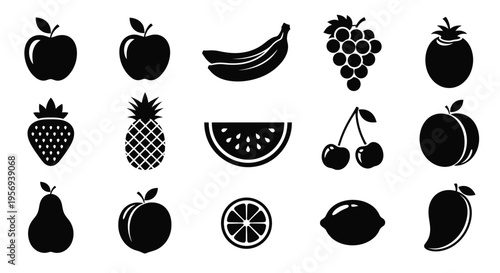 Black silhouette icons depicting a variety of fresh fruits against a white background