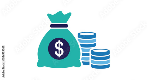 A teal money bag with stacks of coins representing wealth and finance