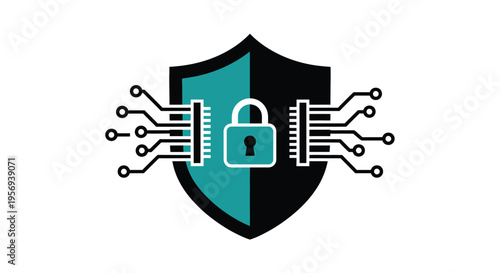 Digital security shield with a padlock and circuit board elements