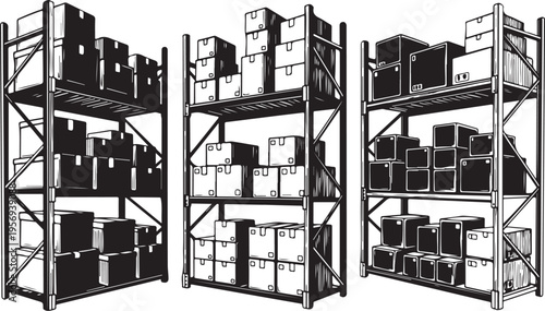 Industrial shelving units stacked with various sized boxes and packages