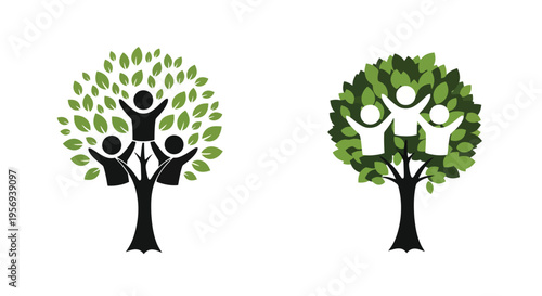 Family silhouettes nestled within lush green and dark tree canopies