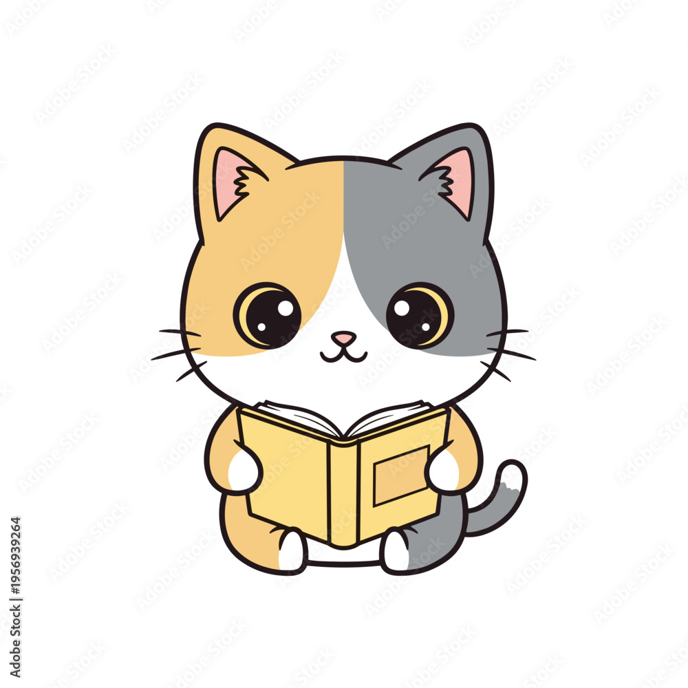 Fototapeta premium Cute cartoon cat reading an open book while sitting down 