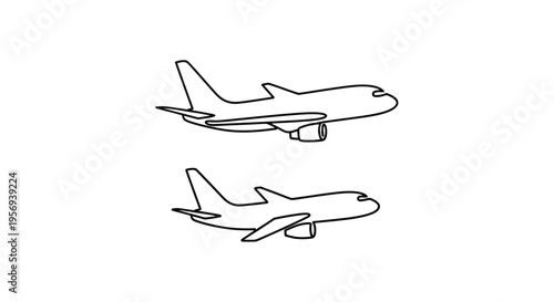 Minimalist line art depicting an airplane in flight shown twice