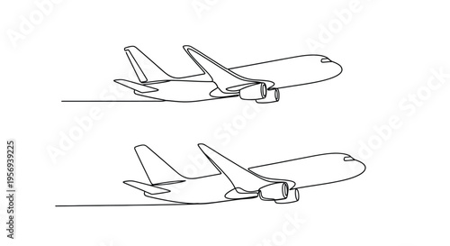 Minimalist line art depicts an airplane in flight shown twice