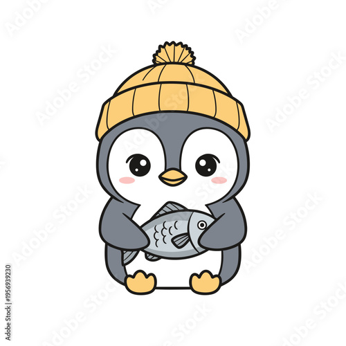 Cute cartoon penguin holding fish and wearing a yellow hat  