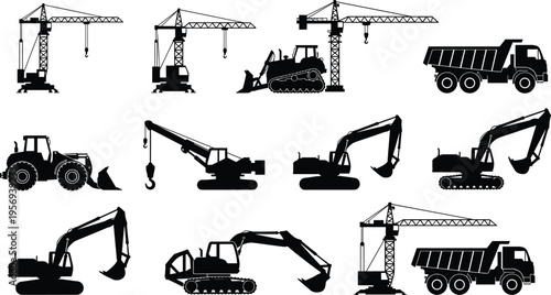 Vector silhouette collection of heavy construction machinery including tower cranes, excavators, dump trucks, and bulldozers isolated on white background for industrial building project design.