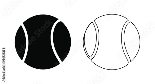Two tennis balls depicted in contrasting black and white line art styles