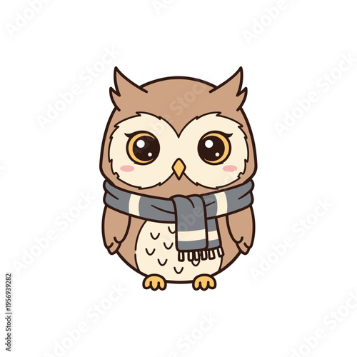 Cute cartoon owl wearing a scarf and smiling happily  