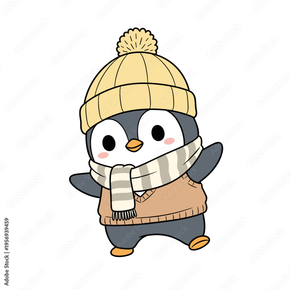 Obraz premium Cute cartoon penguin wearing a yellow hat and scarf in winter 