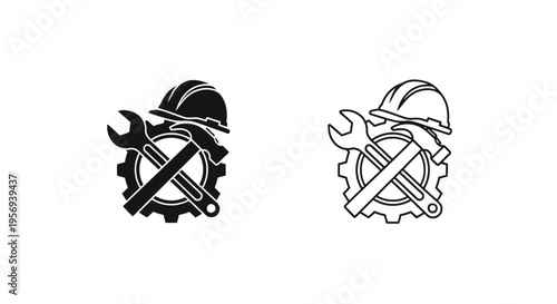 Construction helmet wrench and gear icons in black and white
