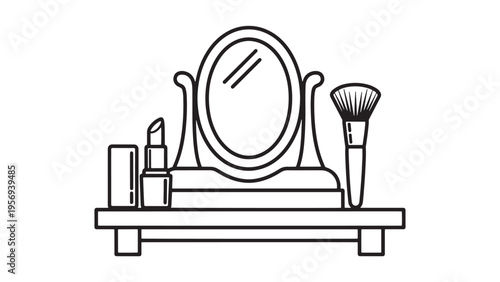 Makeup Table with Round Mirror, Cosmetic Products and Beauty Accessories Illustration