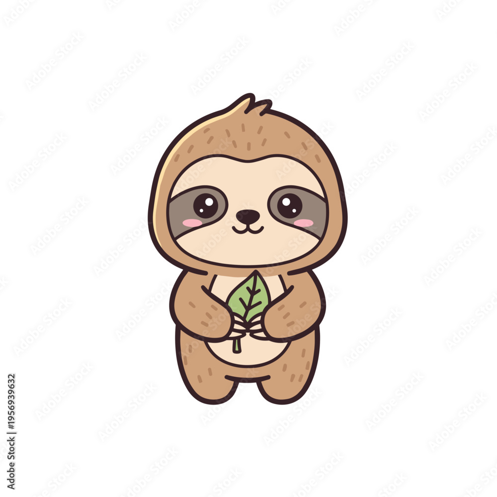 Fototapeta premium Cute cartoon sloth holding a leaf with a cheerful expression