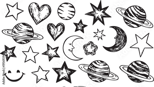 Set of childish crayon space objects and aliens isolated on white background. Vector cartoon illustration of funny chalk Earth, doodle stars, alien creatures and spacecraft