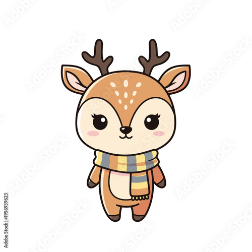 Cartoon deer character wearing a striped scarf in a playful pose  
