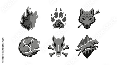 Wolf icons illustrated with fire, footprint, and bones on mountain landscape
