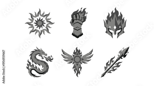 Six mystical symbols including sun, fist, flames, dragon, wings, and spear illustrated