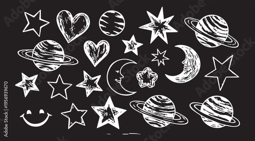 Set of childish crayon space objects and aliens isolated on white background. Vector cartoon illustration of funny chalk Earth, doodle stars, alien creatures and spacecraft