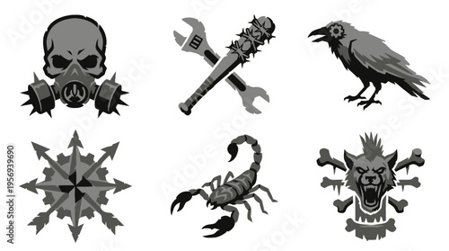A close-up view of dark skull, wrench, crow, snowflake and scorpion icons arranged in two rows on a plain white background