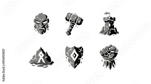 Viewing a set of six grayscale game icons arranged in two rows on a white background, depicting helmets, hammer, mountain, shield, and flaming fist