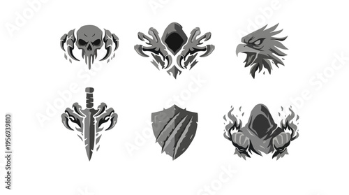 View of a skull with crossed scimitars, a jeweled mask, a feathered bird head, a dagger with scimitars, and a patterned shield on white backdrop