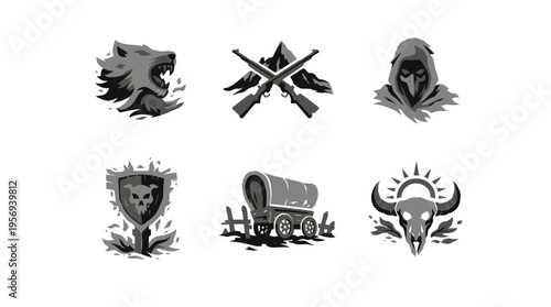 Detailed view of six rugged outdoor icons featuring boar, lion, rifle, wagon, and skull arranged in two rows on a white background