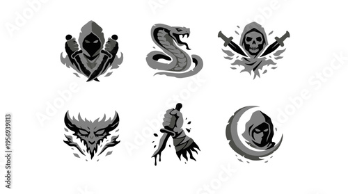 Observing a dark arrangement of six grayscale symbols—hooded figure, snake, skull, zombie and crescent moon—displayed on a stark studio backdrop