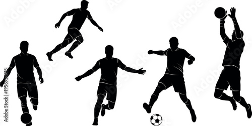 Silhouette of five soccer players in various poses on a white background