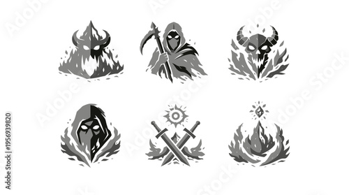 Displaying six bold black-and-white fantasy warrior, reaper, skull, swords and flame icons in two rows on a plain white background, frontal view