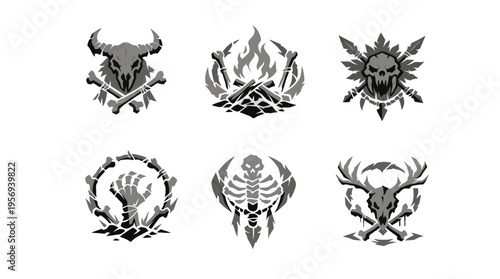 Showcasing Six Bold Black‑White Emblems Featuring Bull, Flame, Sun, Hand, and Skull in Studio Layout – Illustration from a Graphic Design Perspective