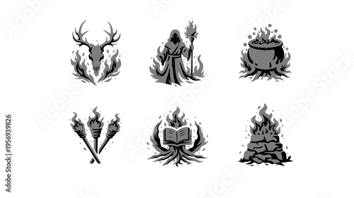 Six line illustrations in rows depict antlers with skull, a hooded figure with staff, a flaming cauldron, crossed torches, a burning book, and a campfire.