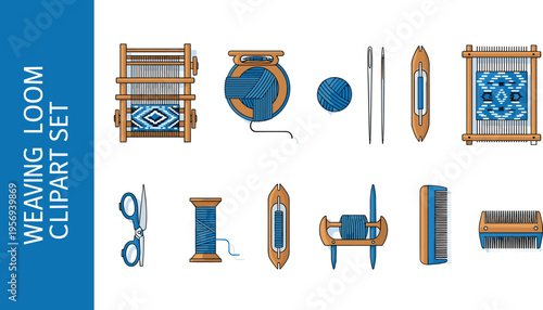 Weaving loom clipart set with wooden handloom yarn balls shuttle needles and scissors for textile craft hobby traditional fabric making and handmade weaving projects.
