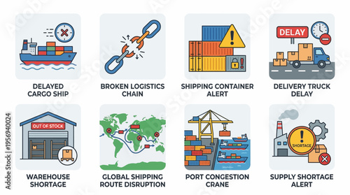 Global Supply Chain Vector Icons Delayed Cargo Ship Broken Logistics Chain Shipping Container Alert Delivery Truck Delay Warehouse Shortage Port Congestion Route Disruption Supply Shortage Warning Vec