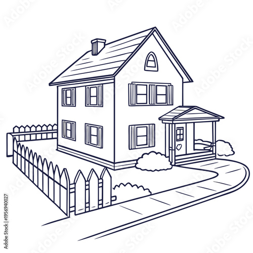 Tableau sur toile Two story house with fence and sidewalk outline with a sidewalk curves around