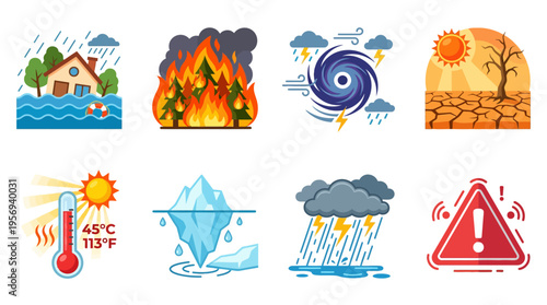 Natural Disaster Vector Icons Flood Wildfire Hurricane Drought Heatwave Melting Glacier Heavy Rainfall Climate Change Warning Environmental Awareness Emergency Preparedness Illustration Set Vector