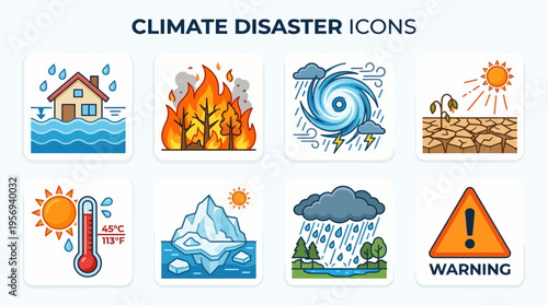 Natural Disaster Vector Icons Flood Wildfire Hurricane Drought Heatwave Melting Glacier Heavy Rainfall Climate Change Warning Environmental Awareness Emergency Preparedness Illustration Set Vector