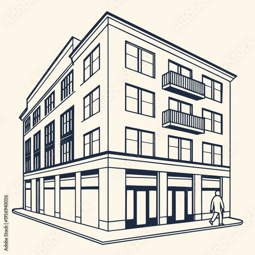 Corner building with balconies and person walking with a single person walks