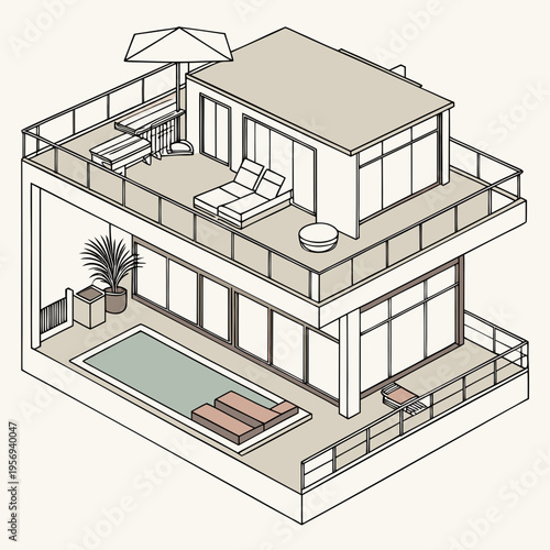 Isometric modern house with pool and rooftop terrace architecture