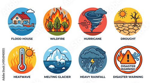 Natural Disaster Vector Icons Flood Wildfire Hurricane Drought Heatwave Melting Glacier Heavy Rainfall Climate Change Warning Environmental Awareness Emergency Preparedness Illustration Set Vector
