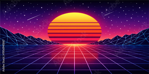 Retro Futuristic Sunset Grid Landscape with Neon Mountains and Digital Horizonz
