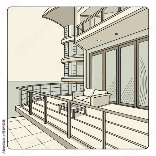 Modern apartment balcony with ocean view and seating area