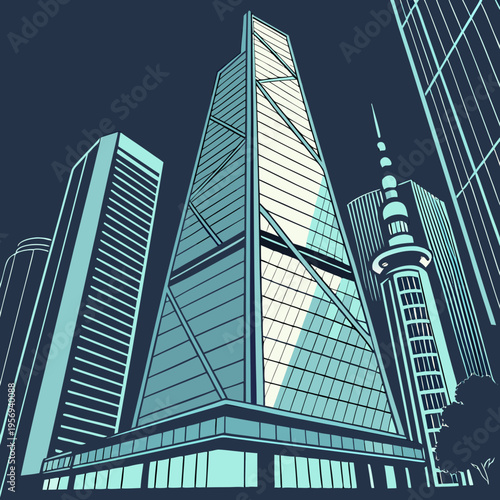 Modern cityscape with tall skyscrapers and night sky with depicts urban architec