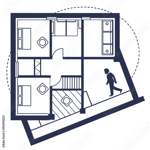 Floor plan of a house with person walking upstairs with real estate