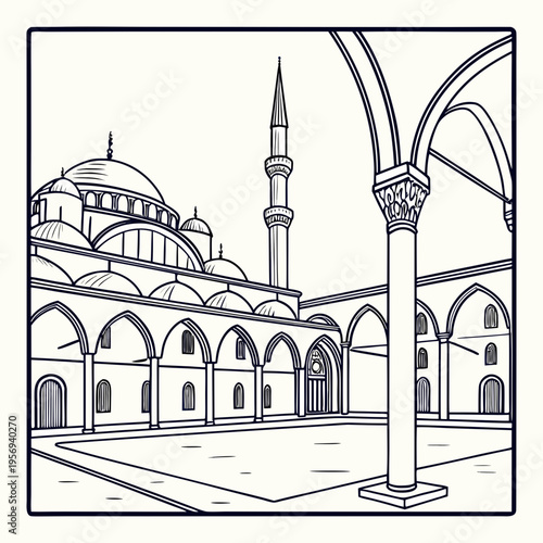 Courtyard of a mosque with arches and minaret illustration